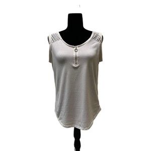 Daisy Fuentes White Top with Lace and Zip-front, Medium, Pre-owned